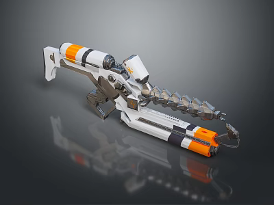 Sci Fi Futuristic Mechanical Weapon With White Orange Black Design Barrel And Gear Details 3d model