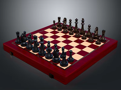 Red Brown Wooden Chessboard With Black And White Pieces Arranged On Checkerboard Surface 3d model