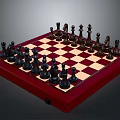 Red Brown Wooden Chessboard With Black And White Pieces Arranged On Checkerboard Surface