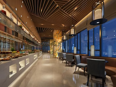 Modern Restaurant Interior With Wooden Ceiling Hanging Lights And Buffet Counter 3d model