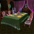 Long Dining Table With Green Tablecloth White Trim Red Chairs Tableware Candle Holders Green Curtains
