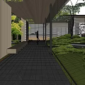 Modern Outdoor Courtyard With Lush Greenery Trees Stone Path And Seating
