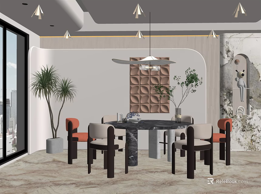 Modern Restaurant Interior With Black Dining Table Orange Beige Chairs Pendant Lights Potted Plants And Geometric Wall Decor 3d model 