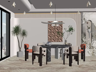 Modern Restaurant Interior With Black Dining Table Orange Beige Chairs Pendant Lights Potted Plants And Geometric Wall Decor 3d model