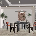 Modern Restaurant Interior With Black Dining Table Orange Beige Chairs Pendant Lights Potted Plants And Geometric Wall Decor