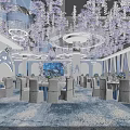 Elegant Banquet Hall With Purple Floral Decorations Chandeliers White Chairs And Tables