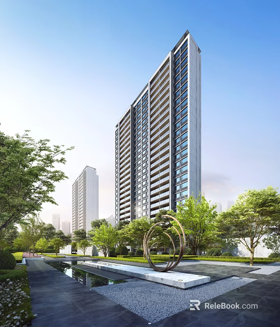 Modern High Rise Residential Building Exterior With Green Landscape 3d model 