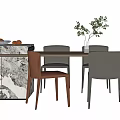 Modern Minimalist Dining Table Set With Marble Top Cabinet Chairs And Green Plant Vase