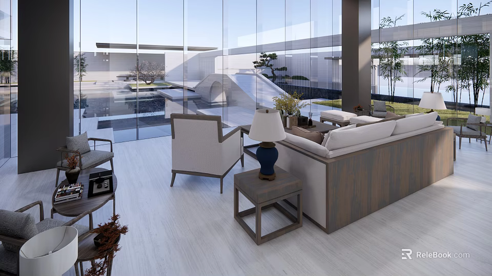 Modern Lounge Area Interior Design With Sofa Armchairs Coffee Table Lamp And Large Windows 3d model 