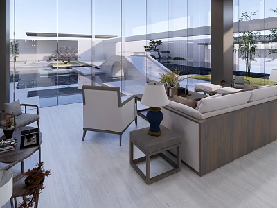Modern Lounge Area Interior Design With Sofa Armchairs Coffee Table Lamp And Large Windows 3d model