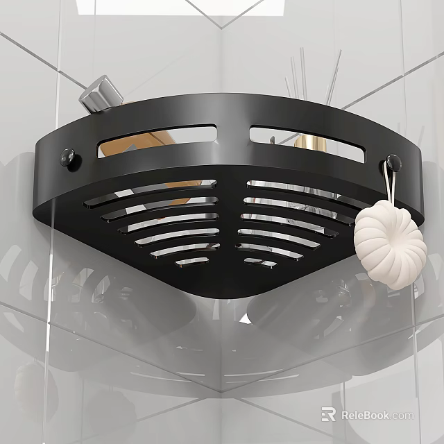 Black Bathroom Corner Shelf With Hollow Out Design And White Loofah 3d model 