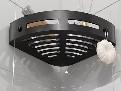 Black Bathroom Corner Shelf With Hollow Out Design And White Loofah 3d model