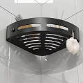 Black Bathroom Corner Shelf With Hollow Out Design And White Loofah