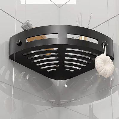 Black Bathroom Corner Shelf With Hollow Out Design And White Loofah 3d model