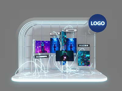 Modern Digital Display Stand With Neon Lighting And Multiple Screens For Logo Showcase 3d model