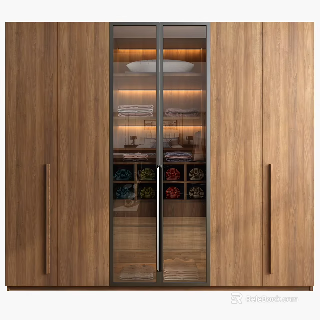 Wooden Wardrobe With Glass Door Interior Lighting Layered Shelves Holding Folded Towels Colorful Fabric Rolls 3d model 