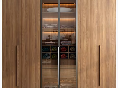 Wooden Wardrobe With Glass Door Interior Lighting Layered Shelves Holding Folded Towels Colorful Fabric Rolls 3d model