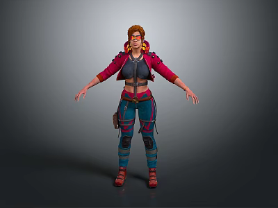 3D Female Character With Red Hair Red Jacket Blue Pants Red Boots And Gray Background 3d model
