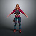 3D Female Character With Red Hair Red Jacket Blue Pants Red Boots And Gray Background