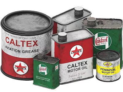 Industrial Equipment Metal Oil Cans Including Caltex Castrol And Pennzoil Motor Oil Containers 3d model