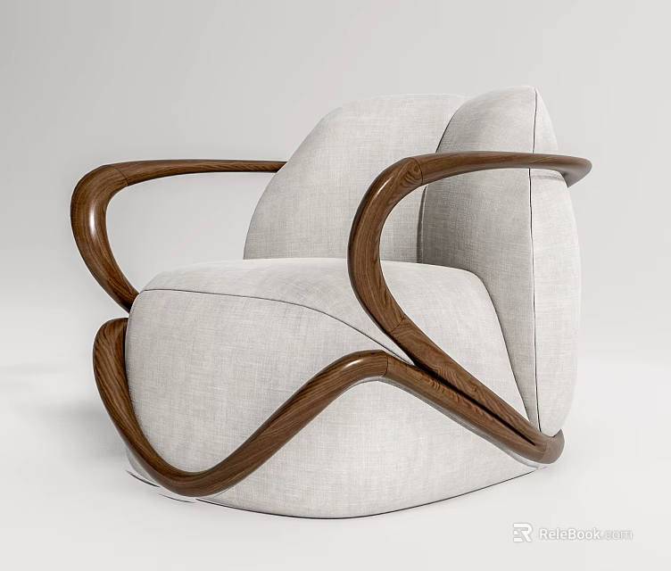 Modern Single Seater Sofa With Light Gray Fabric And Curved Wooden Armrests 3d model 