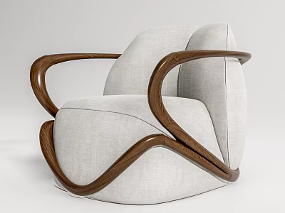 Modern Single Seater Sofa With Light Gray Fabric And Curved Wooden Armrests 3d model