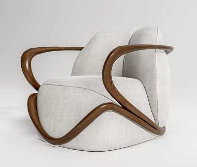 Modern Single Seater Sofa With Light Gray Fabric And Curved Wooden Armrests 3d model