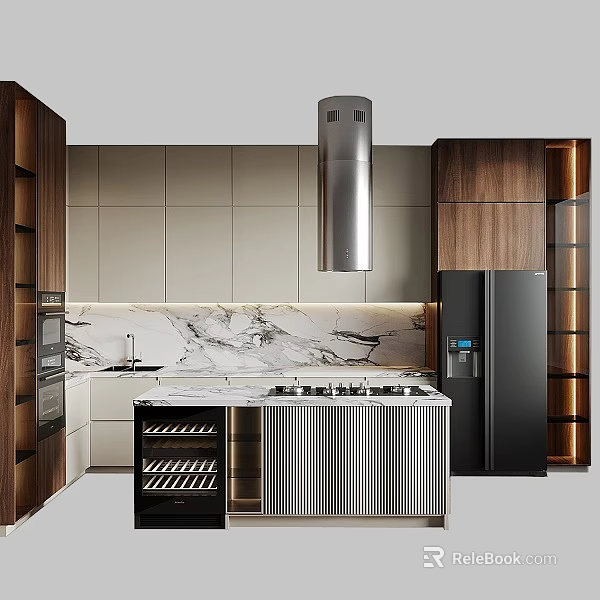 Modern Kitchen Interior Design With Marble Island Walnut Cabinets Range Hood And Wine Rack 3d model 