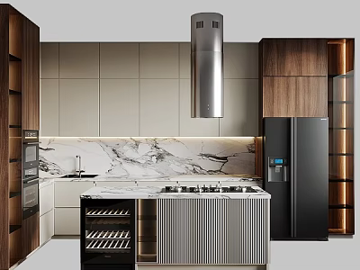 Modern Kitchen Interior Design With Marble Island Walnut Cabinets Range Hood And Wine Rack 3d model