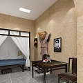Traditional Room Interior With Vintage Map Black and White Photos Dried Chili Peppers Wooden Bed