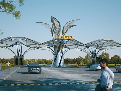 Modern Entrance Gate With Leaf Shaped Metallic Structure Loden Sign Surrounding Trees Vehicles And Pedestrians 3d model