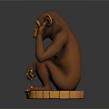 Wooden Monkey Statue Sitting With Hand On Chin And Muscular Torso On Base