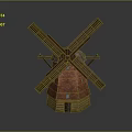 Wooden Windmill Model With Red Brick Body And Reflective Base On Dark Background