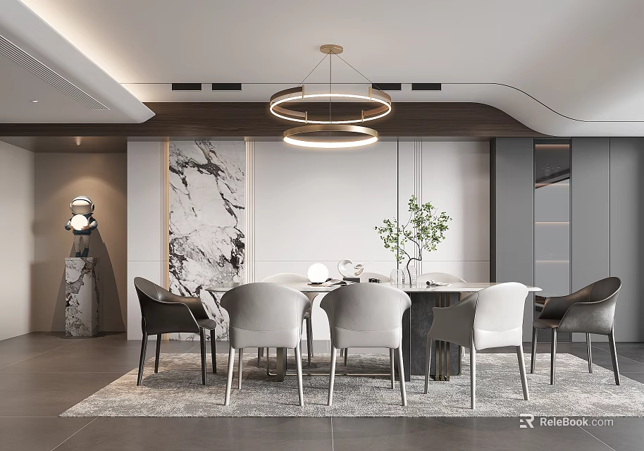 Elegant Modern Restaurant Interior With Dining Table Chairs And Pendant Light 3d model
