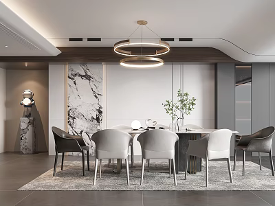 Elegant Modern Restaurant Interior With Dining Table Chairs And Pendant Light 3d model