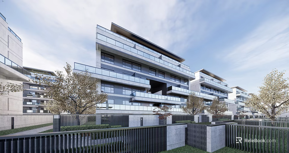 Modern Apartment Building With Glass Balconies Gray Exterior Greenery And Fencing 3d model 