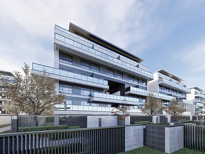 Modern Apartment Building With Glass Balconies Gray Exterior Greenery And Fencing 3d model