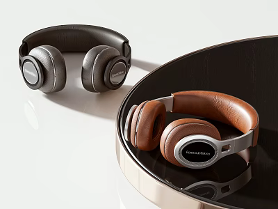 Modern Over Ear Headphones With Leather Earpads In Black And Brown On Round Table 3d model