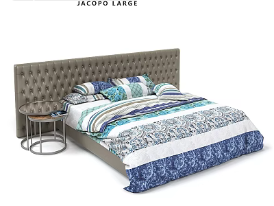 Tufted Headboard Bed With Blue And White Patterned Bedding And Small Round Side Table 3d model