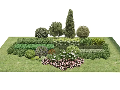 Garden Landscaping With Various Pruned Shrubs Lawn And Colorful Flowers 3d model