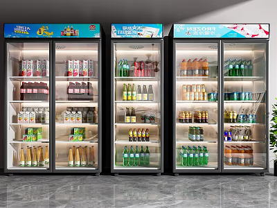 Modern Commercial Display Refrigerators With Glass Doors Filled With Various Beverages 3d model