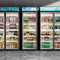 Modern Commercial Display Refrigerators With Glass Doors Filled With Various Beverages