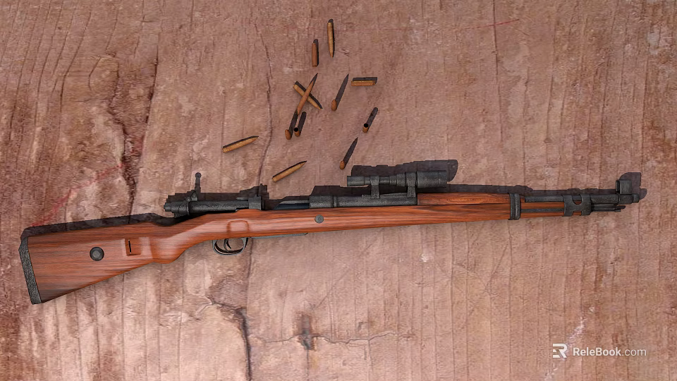 Vintage Rifle With Wooden Stock Scattered Bullets On Rustic Wood Surface 3d model 