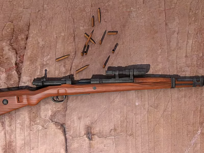 Vintage Rifle With Wooden Stock Scattered Bullets On Rustic Wood Surface 3d model
