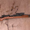 Vintage Rifle With Wooden Stock Scattered Bullets On Rustic Wood Surface