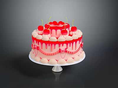 Elegant Pink Cake Decorated With Fresh Cherries Buttercream Frosting And Sugar Drizzle On White Stand 3d model