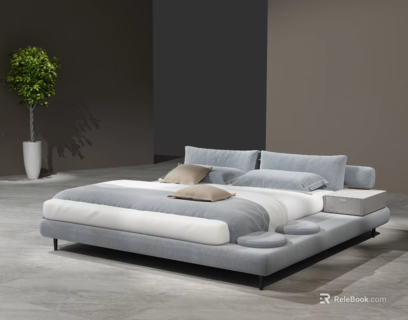 Modern Gray Double Bed With White Bedding Pillows Nightstand And Green Plant 3d model 