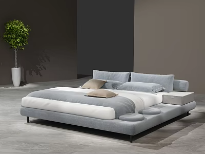 Modern Gray Double Bed With White Bedding Pillows Nightstand And Green Plant 3d model