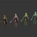 Female Characters Wearing Gold And Black Armor Holding Spears Standing Against Grey Background