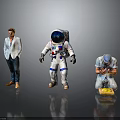 Three Characters Including Man In Light Suit Astronaut And Kneeling Man With Yellow Object 3d model